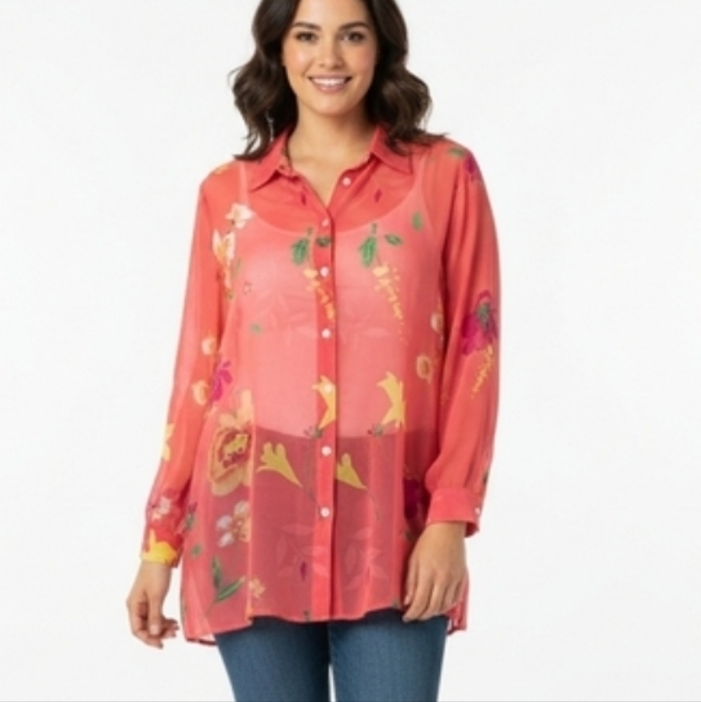 Lane Bryant Coral Floral Button Down Blouse Size 14/16
